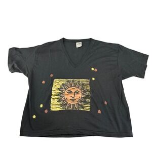 Vintage Cal Cru Sun Face Celestial VNeck Black USA L Star Single Stitch 90s Crop